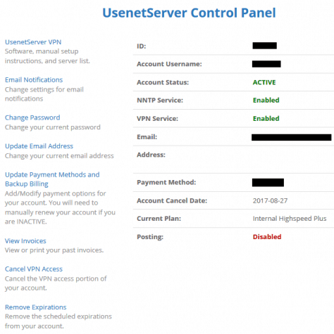 UsenetServer's Control Panel